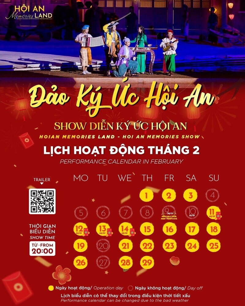 Lịch biểu diễn chi tiết của show Ký Ức Hội An trong tháng 2 dương lịch 
