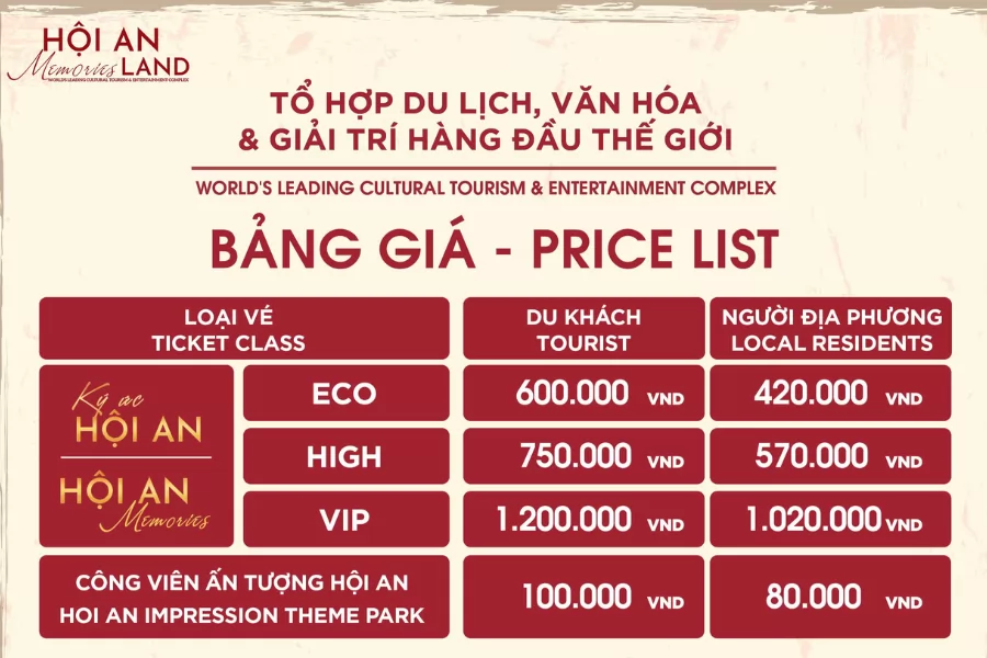 THÔNG BÁO CẬP NHẬT BẢNG GIÁ MỚI TẠI ĐẢO KÝ ỨC HỘI AN 2026