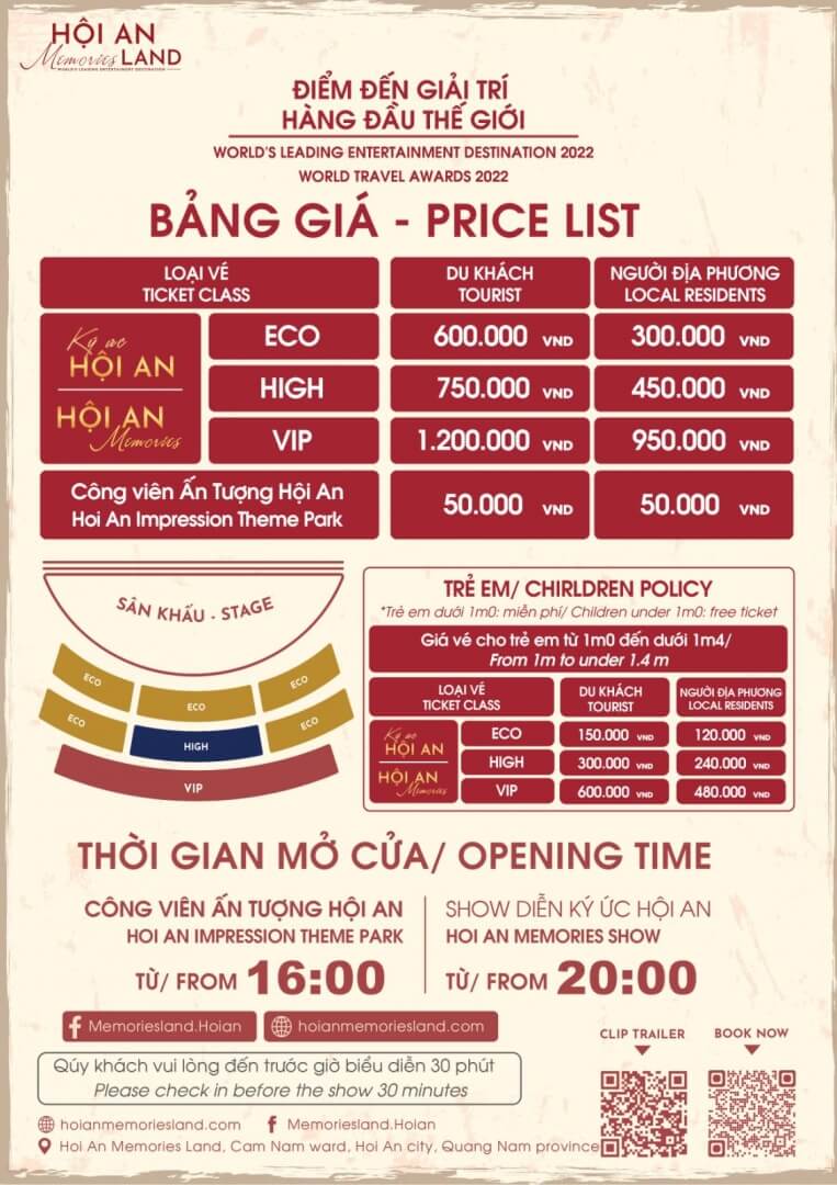 Bảng giá vé tham khảo show biểu diễn văn hóa nghệ thuật Việt Nam Ký Ức Hội An 