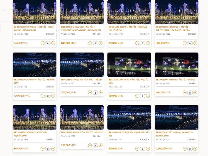 Các combo vé show Ký Ức Hội An du khách có thể tham khảo tại website