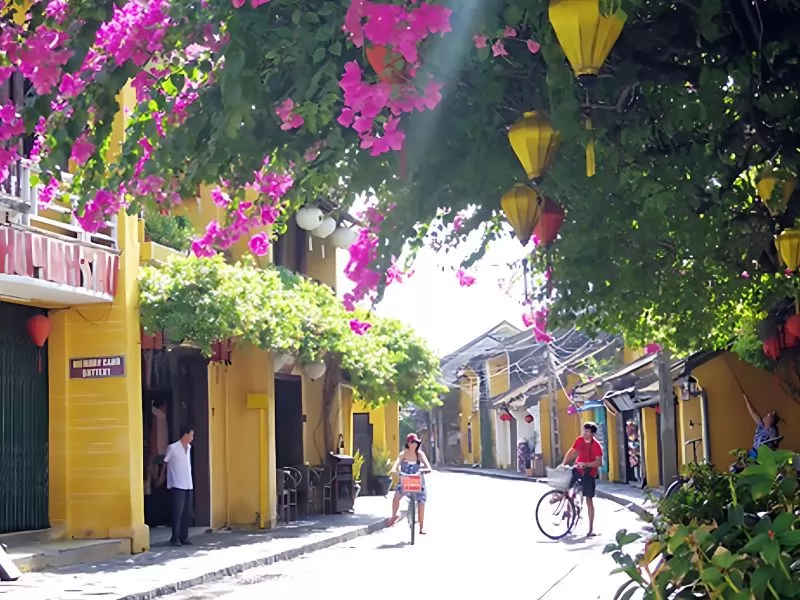 C&ugrave;ng đạp xe qua con đường hoa giấy tuyệt đẹp l&agrave; một trải nghiệm đầy th&uacute; vị v&agrave; b&igrave;nh y&ecirc;n tại Hội An