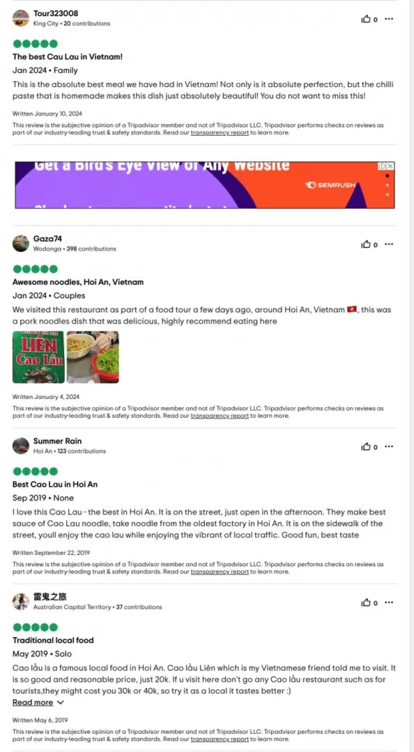 Đ&aacute;nh gi&aacute; của du kh&aacute;ch về Cao lầu b&agrave; Li&ecirc;n từ Tripadvisor